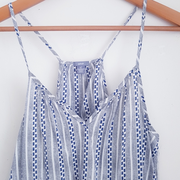 AERIE Blue & White Fringe Hem Racer Back Tank Top - Picture 2 of 8